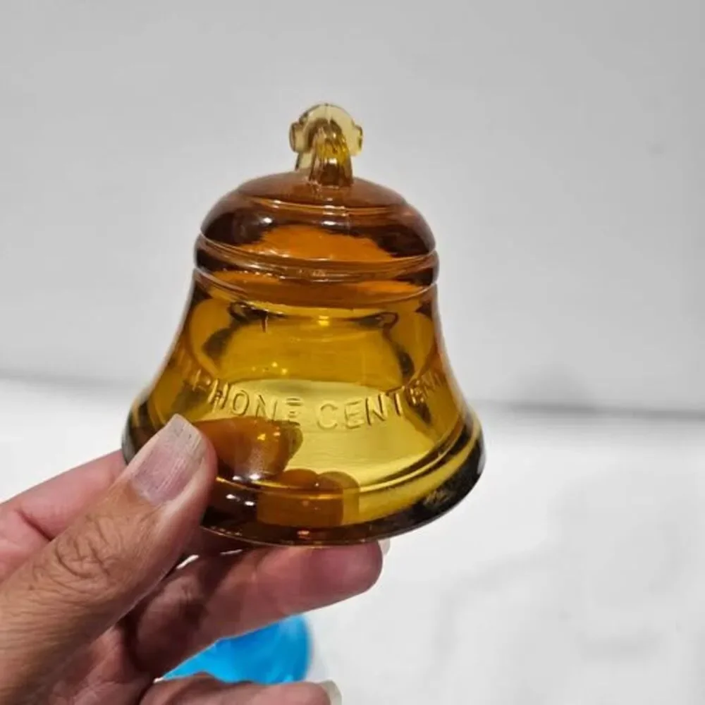 Vintage Blue and Amber Glass Telephone Centennial Bells - Set of 2